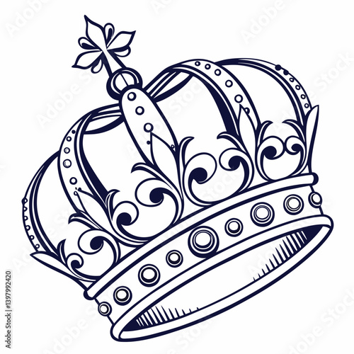 Ornate Royal Crown Line Art Vector - Black and White Drawing with Jewels Gems Cross Detail