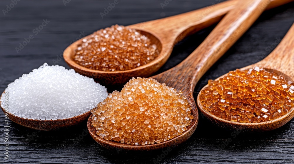 A variety of sugars displayed in wooden spoons on a dark surface
