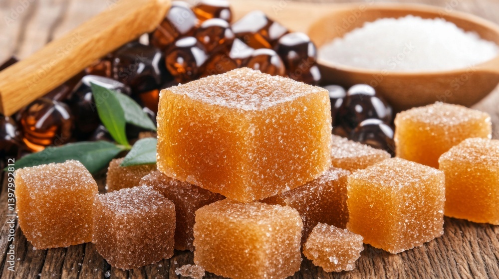 Delicious brown sugar cubes arranged on a wooden surface with ingredients