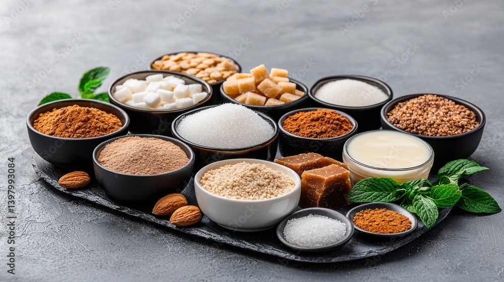 A variety of sugars and sweeteners arranged in bowls on a dark surface
