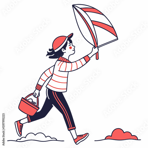 Girl Running Umbrella Basket Windy Day Line Art Red White Graphic