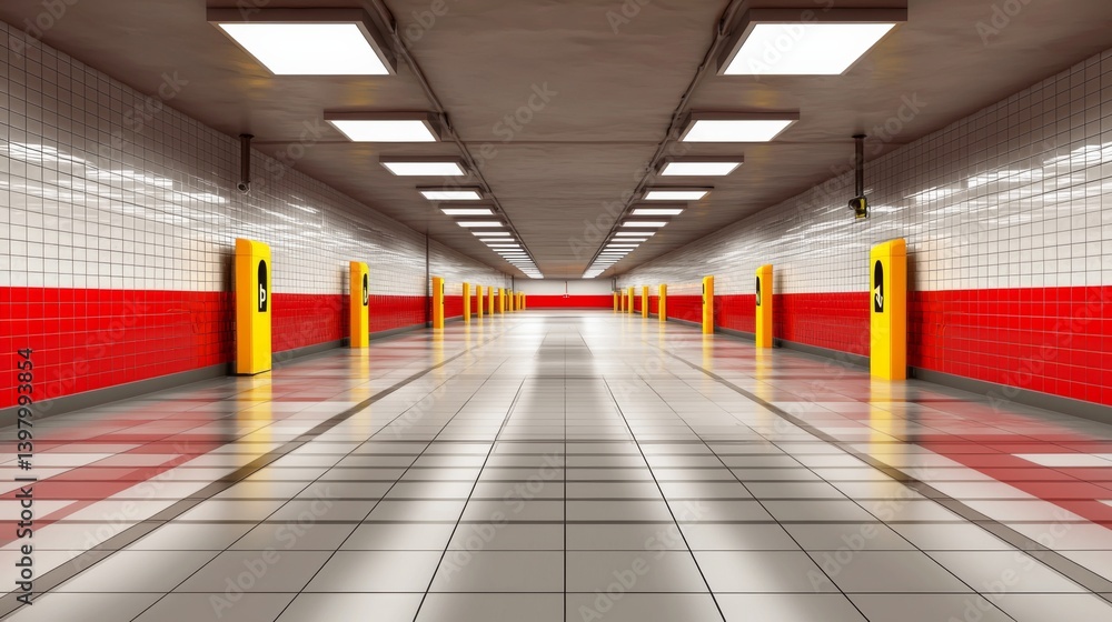 Bright and modern subway station with yellow doors and red accents