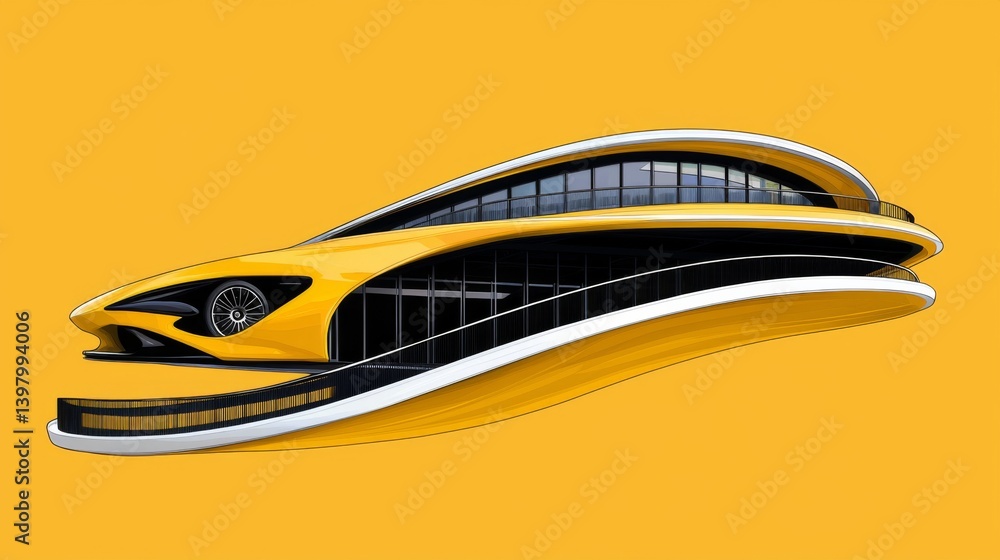 A sleek yellow sports car design with a modern architectural background