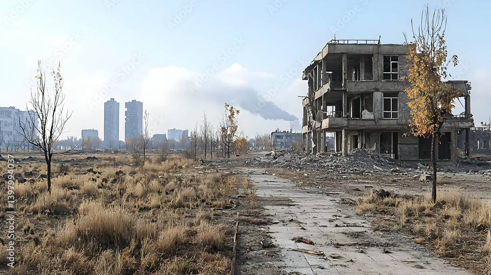 Destroyed Building In Desolate Cityscape Destroyed Building In Desolate Cityscape