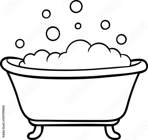 Line Art Bathtub Filled with Bubbles and Foams, Simple Black and White Outline