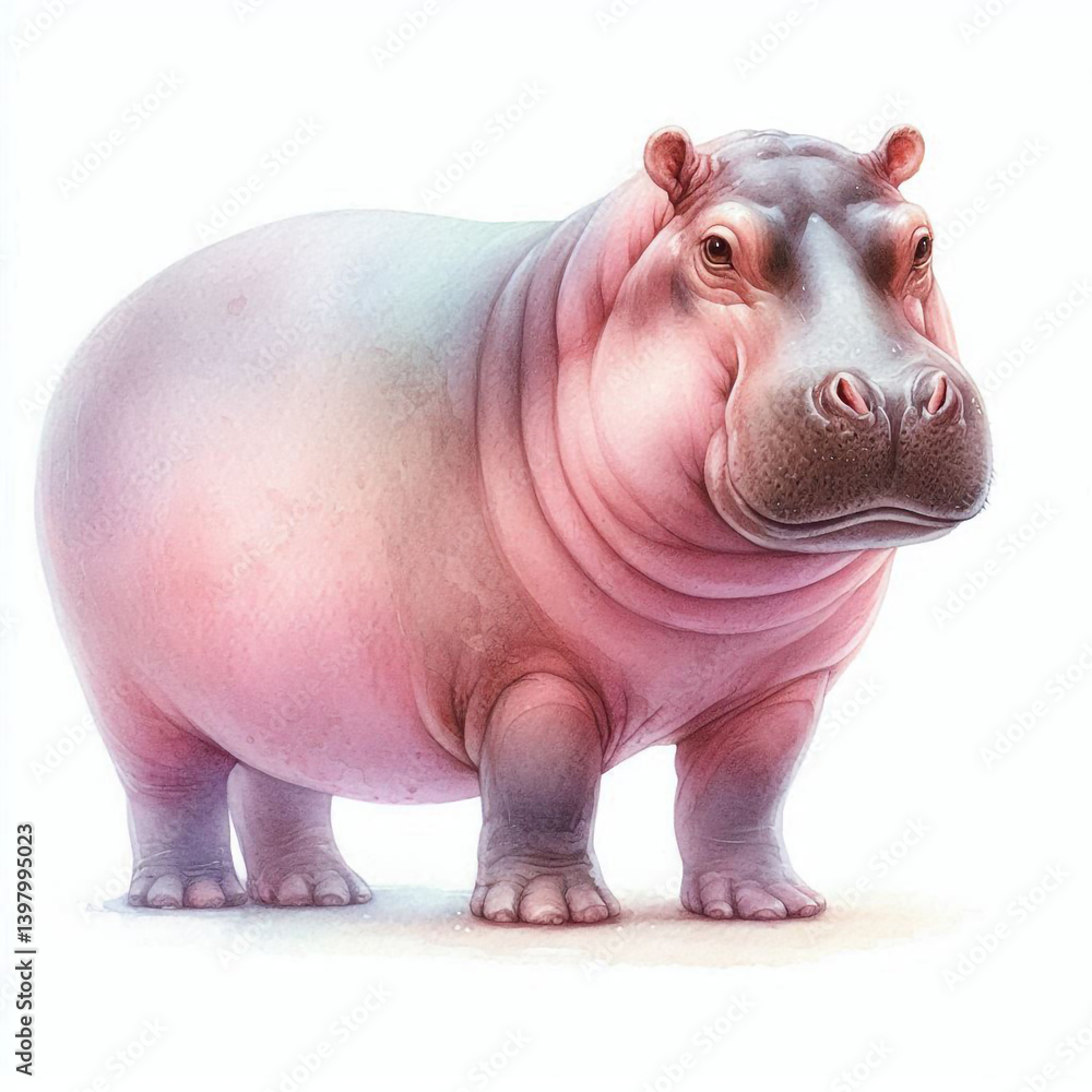 Watercolor fullbody illustration of hippopotamus, isolated on white background, hand-painted animal art Watercolor fullbody illustration of hippopotamus, isolated on white background, hand-painted animal art