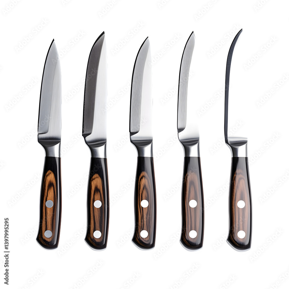 Set of high-quality steak knives isolated on white background Set of high-quality steak knives isolated on white background