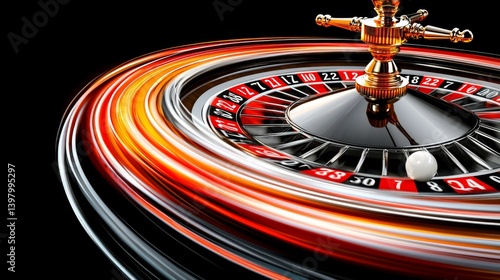 A vibrant roulette wheel spinning with motion blur and a white ball