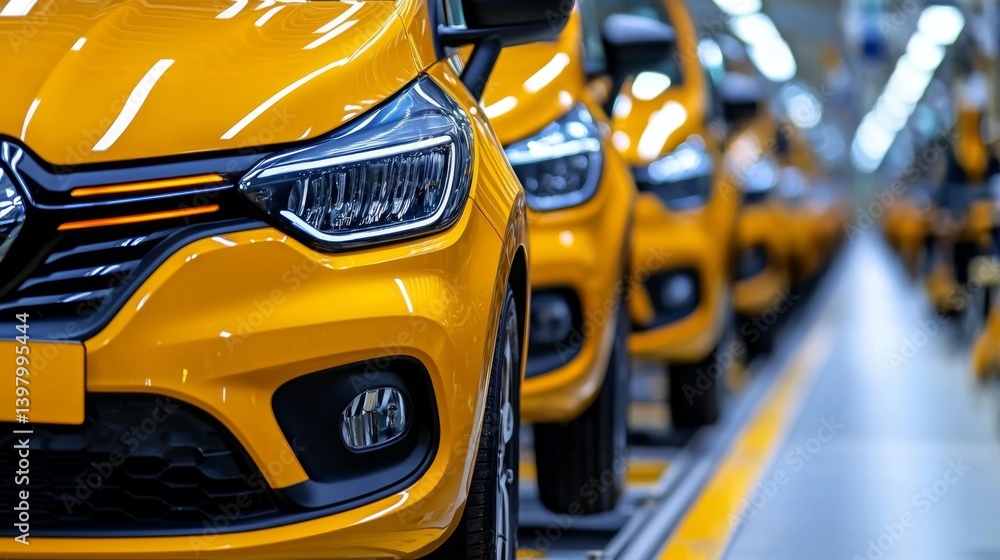 Yellow cars lined up in a modern automotive assembly line