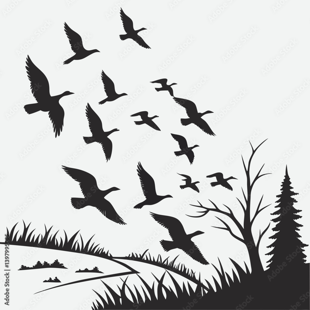 Fototapeta premium Flying Geese Flock V Formation Silhouette Vector Illustration