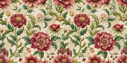 Elegant floral pattern with rich red blooms and green leaves on a cream background.