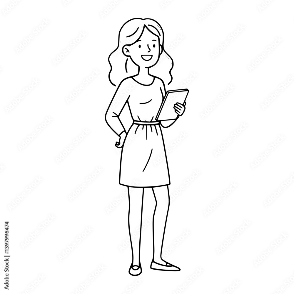 Simple Stroke Line Art of Happy female designer standing in office Simple Stroke Line Art of Happy female designer standing in office