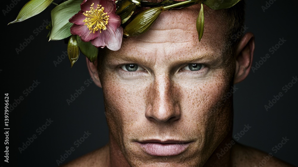 Intense portrait of a man adorned with a floral crown, showcasing strength
