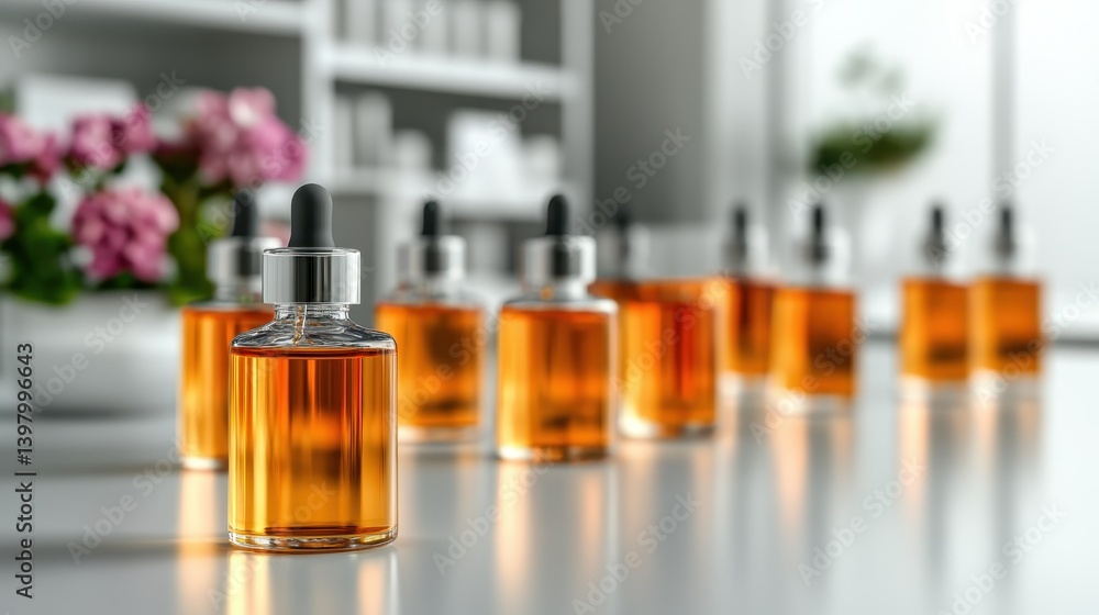 A collection of essential oil dropper bottles arranged on a table with seasonal flowers, illustrating the calming and aromatic qualities of aromatherapy and natural wellness. A collection of essential oil dropper bottles arranged on a table with seasonal flowers, illustrating the calming and aromatic qualities of aromatherapy and natural wellness.