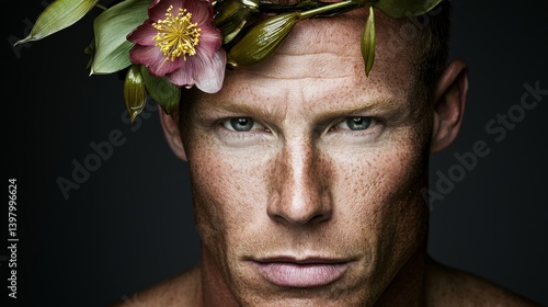 Obraz na płótnie Intense portrait of a man adorned with a floral crown, showcasing strength w salonie