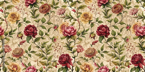 Beautiful floral vintage wallpaper with intricate rose patterns in warm tones.