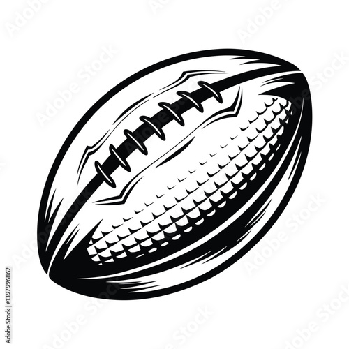 Bold Black and White Outline of an American Football with Detailed Stitching Design