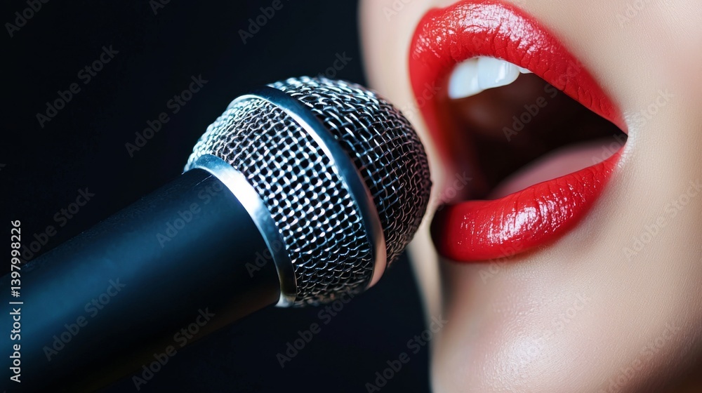 Close-up of a woman singing into a microphone with red lips