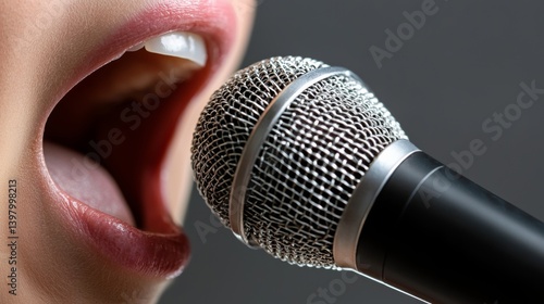 Obraz na płótnie Close-up of a person singing into a microphone with intense expression w salonie