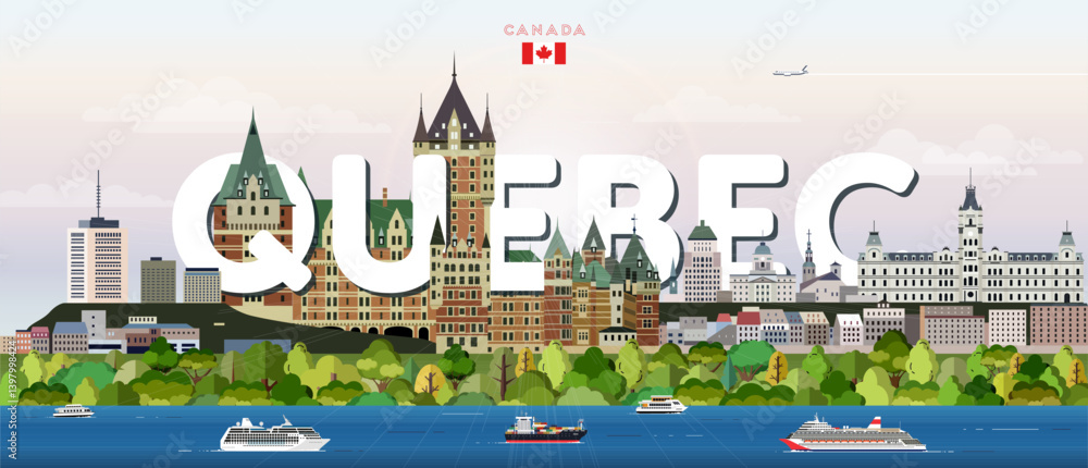 Quebec cityscape colorful vector illustration with big city name on the background. Travel trendy poster