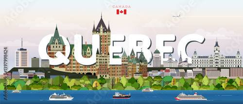 Obraz na płótnie Quebec cityscape colorful vector illustration with big city name on the background. Travel trendy poster w salonie
