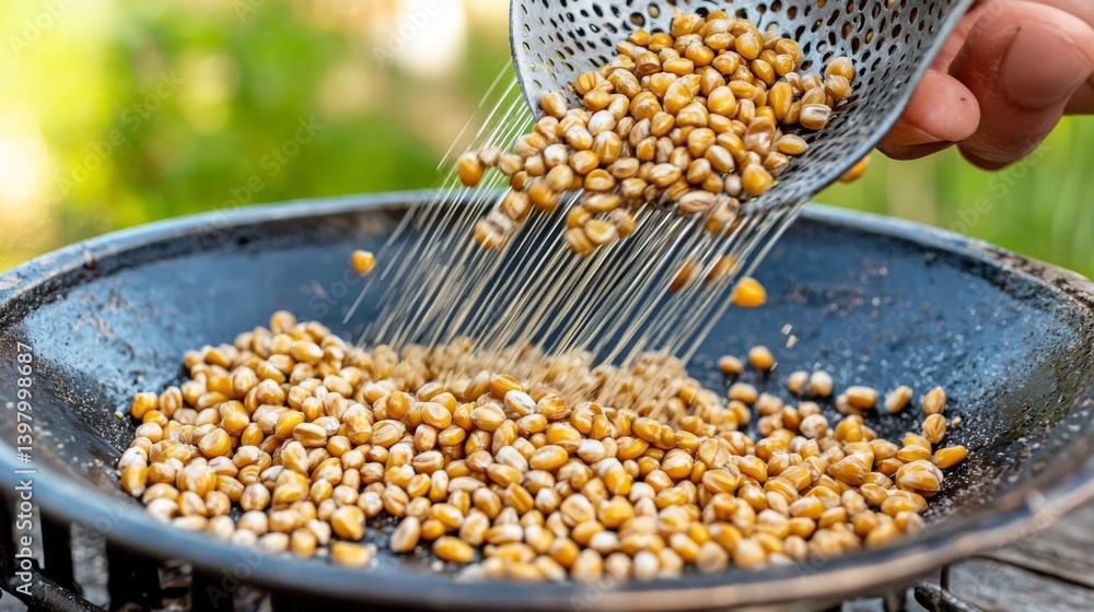 Hand pouring roasted corn kernels into a frying pan for cooking