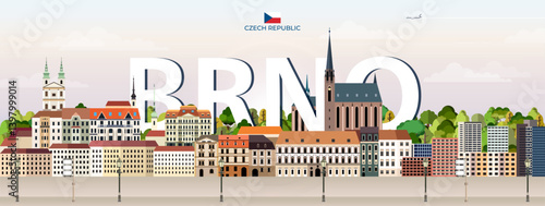 Brno cityscape colorful vector illustration with big city name on the background. Travel trendy poster