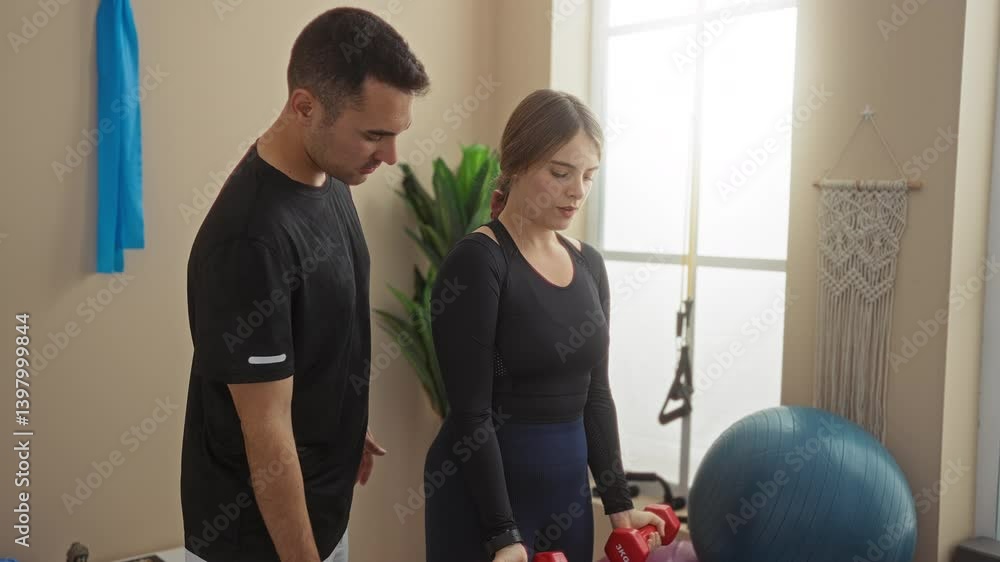 Man coaching woman with dumbbells in gym interior showcasing workout guidance and personal training support in a fitness setting. Man coaching woman with dumbbells in gym interior showcasing workout guidance and personal training support in a fitness setting.