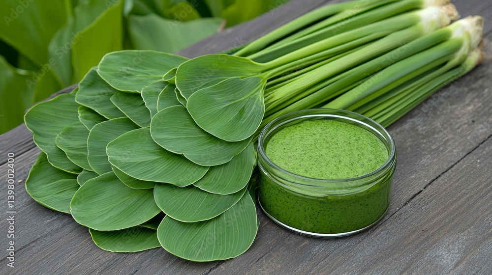 Fresh green leaves with a jar of vibrant green sauce on a wooden surface