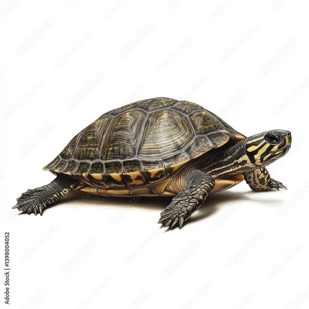 Turtle walking on white background, pet reptile Turtle walking on white background, pet reptile