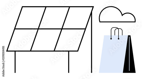 Solar panel structure alongside a shopping bag and cloud, symbolizing eco-friendly practices, renewable energy, and conscious consumerism. Ideal for sustainability, green living, eco-business
