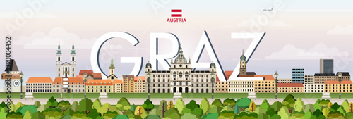 Graz cityscape colorful vector illustration with big city name on the background. Travel trendy poster