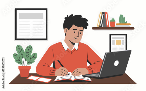 Focused Writer at Desk: Illustration of a Man Working with Laptop and Notebook