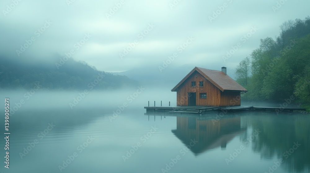 Misty lake house reflection. Misty lake house reflection.