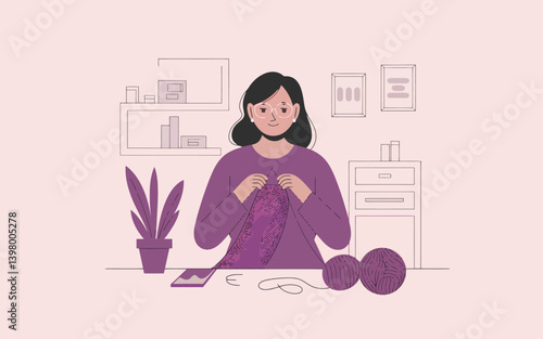 Cozy Knitting: Woman crafting a knitted piece with yarn at home