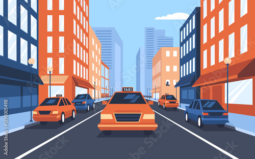 City Street with Taxi Cabs: Urban Traffic Scene with Colorful Buildings