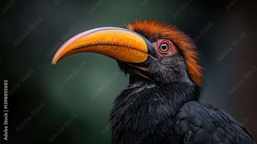 This mesmerizing portrait emphasizes the regal presence of a hornbill bird, showcasing its rich colors and striking features illuminated in natural light against a dark backdrop. This mesmerizing portrait emphasizes the regal presence of a hornbill bird, showcasing its rich colors and striking features illuminated in natural light against a dark backdrop.