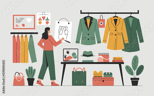 Fashion designer working on new clothing design in her shop with garment display