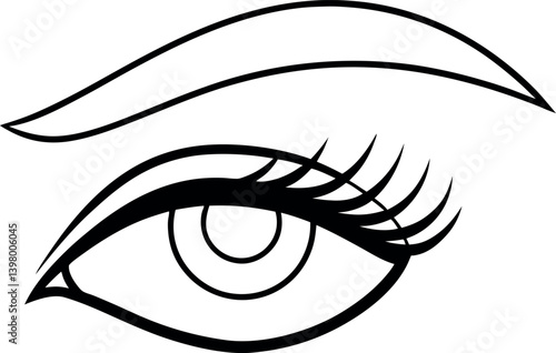 Line Art Beautiful Eye with Long Lashes and Defined Eyebrow, Isolated on White