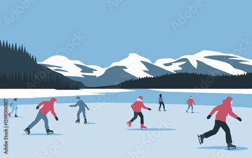 People Ice Skating on Frozen Lake in Winter Landscape Illustration