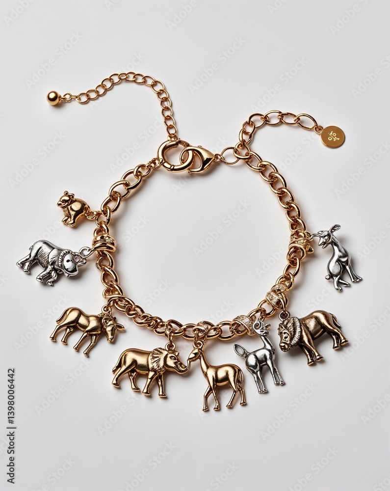 A charm bracelet with animal figures and matching necklace jewelry set in plain white background