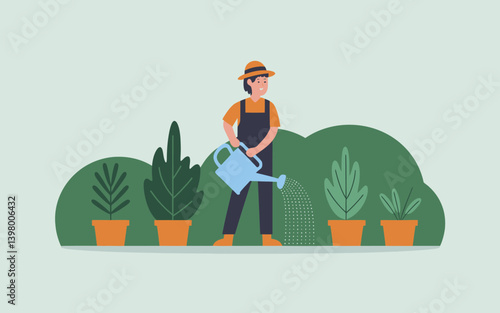 Cartoon Gardener Watering Plants in Pots with Watering Can Illustration