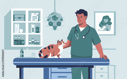 Caring Vet Petting a Calico Cat on Examination Table in Clinic