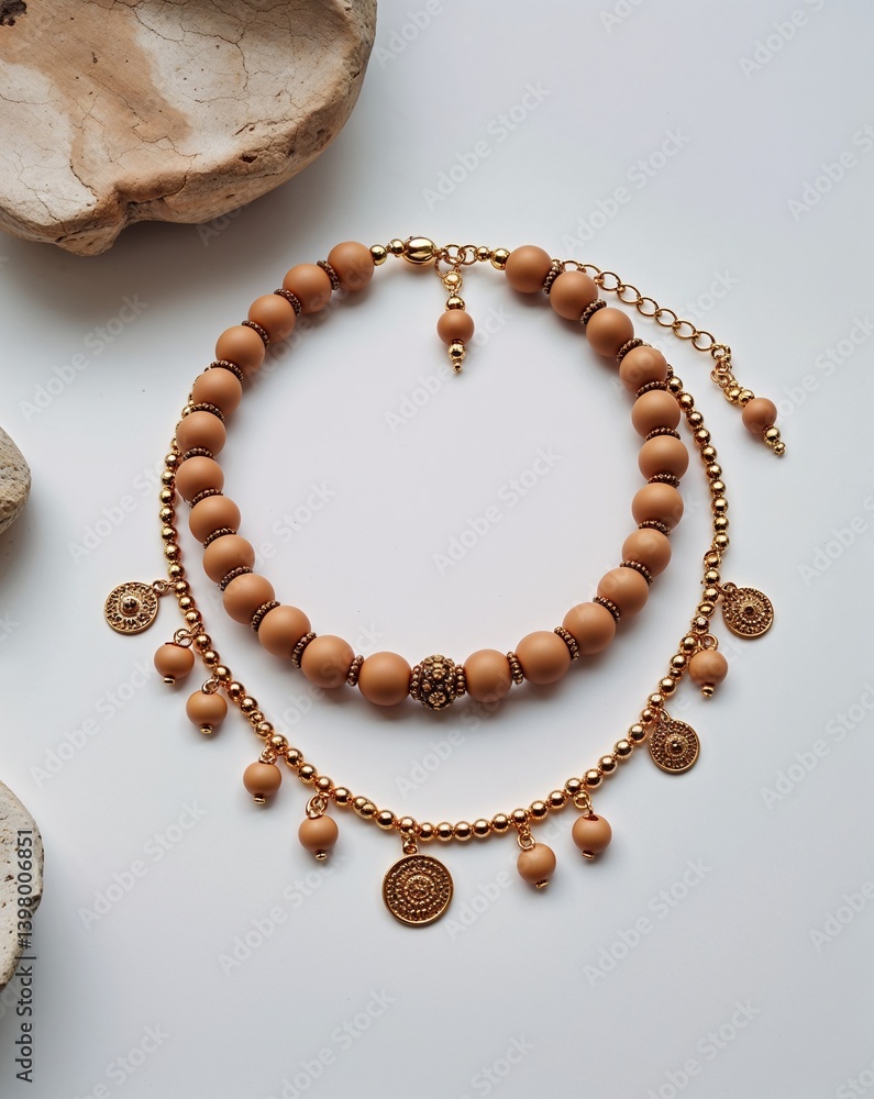 A clay bead necklace and charm anklet jewelry set in plain white background A clay bead necklace and charm anklet jewelry set in plain white background