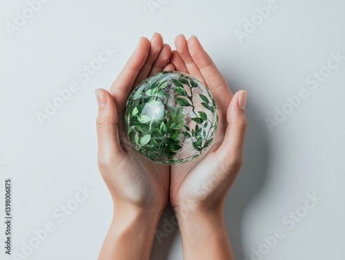 Hands holding a globe with leaves, symbolizing environmental protection