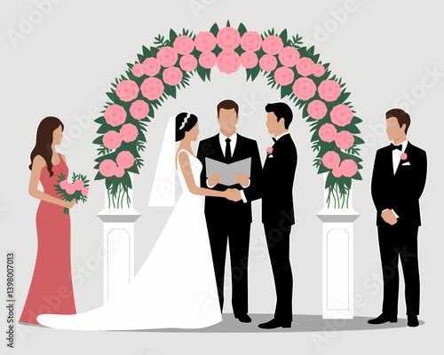 Elegant Wedding Ceremony with Floral Arch and Attendants Vector Illustration