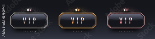 3d VIP sign with metal frame and crown. Gold, silver and bronze metallic luxury sign on black background. Vector set.