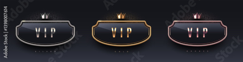 3d VIP sign with metal frame and crown. Gold, silver and bronze metallic luxury sign on black background. Vector set.
