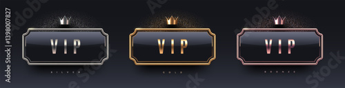 3d VIP sign with metal frame and crown. Gold, silver and bronze metallic luxury sign on black background. Vector set.