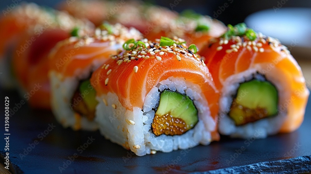 Close-up of delicious salmon sushi rolls with avocado and sesame seeds, beautifully arranged on a dark slate plate. Close-up of delicious salmon sushi rolls with avocado and sesame seeds, beautifully arranged on a dark slate plate.